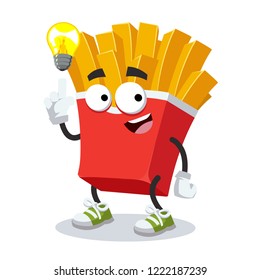 cartoon have an idea paper packaging french fries potatoes mascot on white background