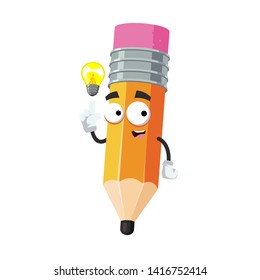 cartoon have an idea pencil with rubber eraser mascot on white background