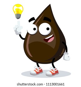 cartoon have an idea Petroleum Oil Drop mascot on white background