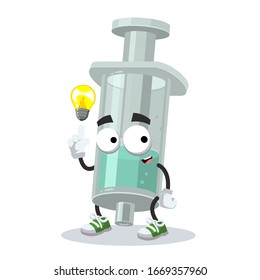 cartoon have an idea plastic medical syringe mascot on white background