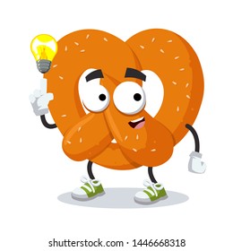 cartoon have an idea pretzel with sesame seeds mascot on white background