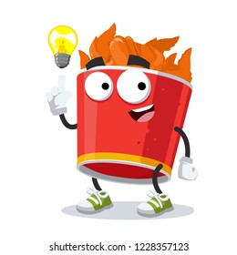 cartoon have an idea red paper bucket with fried chicken wings mascot on white background