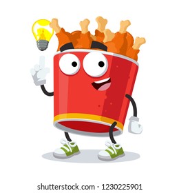 cartoon have an idea red paper bucket with fried chicken legs mascot on white background