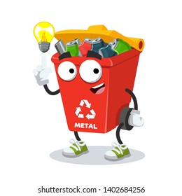 cartoon have an idea red recycle garbage can for metal mascot on white background
