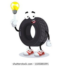 cartoon have an idea tire mascot on white background