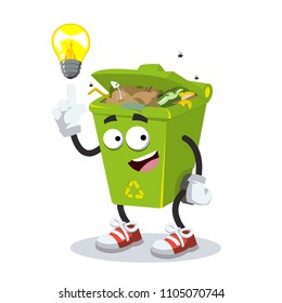 cartoon have an idea trash can mascot on white background