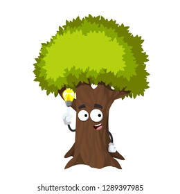 cartoon have an idea tree with green foliage mascot on white background isolated