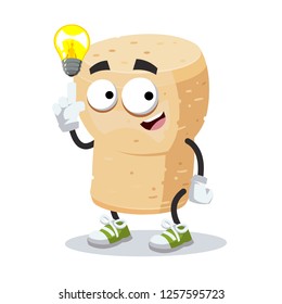 cartoon have an idea wine cork mascot on white background