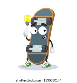 cartoon have an idea  wooden skateboard or longboard deck  mascot on white background