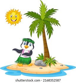 Cartoon Hawaii hula penguin in the tropical island