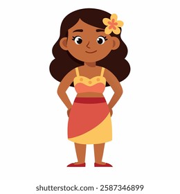 a cartoon Hawaiian hula woman in traditional clothing and with an exotic flower in her hair. Luau party hawaii woman. Suitable for children's books, sticker.Vector on white background. Front view. 