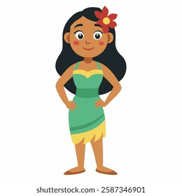 a cartoon Hawaiian hula woman in traditional clothing and with an exotic flower in her hair. Luau party hawaii woman. Suitable for children's books, sticker.Vector on white background. Front view. 