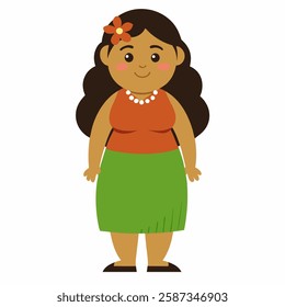 a cartoon Hawaiian hula woman in traditional clothing and with an exotic flower in her hair. Luau party hawaii woman. Suitable for children's books, sticker.Vector on white background. Front view. 