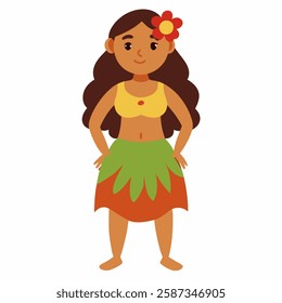 a cartoon Hawaiian hula woman in traditional clothing and with an exotic flower in her hair. Luau party hawaii woman. Suitable for children's books, sticker.Vector on white background. Front view. 