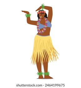 Cartoon Hawaiian Woman Dancer Character Engaged In Traditional Hula Dance. Female Dancer With Colorful Lei, Skirt And Floral Anklets Exuding Spirit Of Joy And Cultural Celebration. Vector Illustration