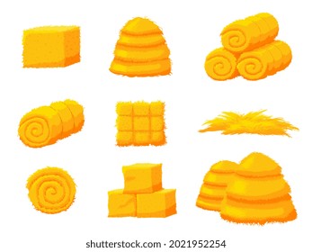 Cartoon hay. Bale straw, isolated farmers agriculture elements. Yellow dry grass, autumn harvest season. Haystack and pile wheat recent vector collection