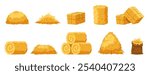 Cartoon hay bales. Agriculture haystacks, blocks, rolls and piles, yellow straw, farm haymow, livestock feed dry grass, wheat stalks, countryside natural landscape element, nowaday vector set