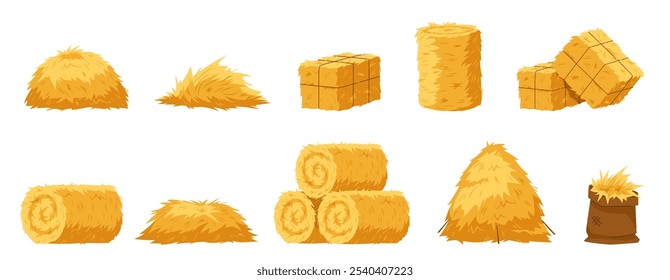 Fardos de feno de desenhos animados. Pilhas de feno agrícolas, blocos, rolos e pilhas, palha amarela, feno agrícola, ração animal erva seca, caules de trigo, elemento paisagem natural do campo, vetor de hoje em dia set