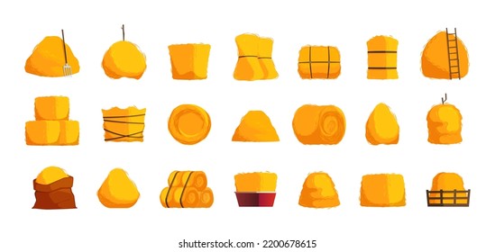 Cartoon hay bales. Rural straw stack rolls flat style, dried yellow haystack pile farm field fodder bundle. Vector agriculture set. Autumn seasonal straw in sack, with ladder and fork