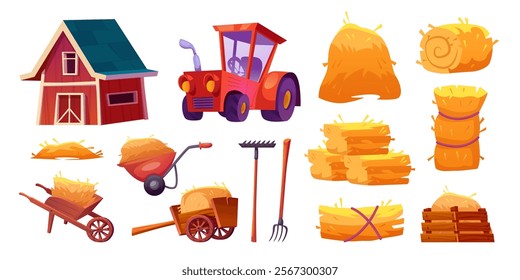 Cartoon hay farming. Farm equipment, agriculture rural village elements barn hayloft bale dry wheat ears stack tractor hayrick cart wheelbarrow rake, swanky set vector illustration original artwork