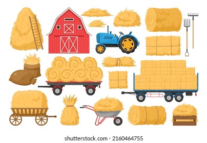 Cartoon haystack, agricultural hay heaps, hay in wheelbarrow and canvas bag. Cartoon farming haymow, fodder straw, tractor and wooden barn vector illustrations set. Agricultural rural haycock