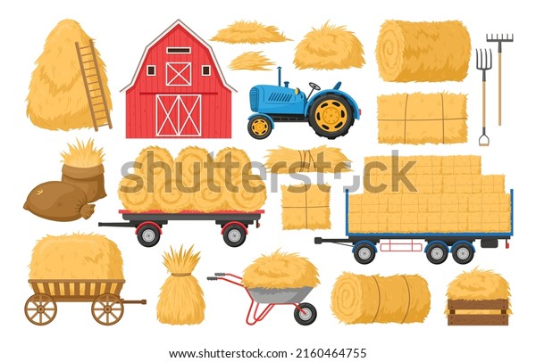 Cartoon haystack, agricultural hay heaps, hay in\
wheelbarrow and canvas bag. Cartoon farming haymow, fodder straw,\
tractor and wooden barn vector illustrations set. Agricultural\
rural haycock