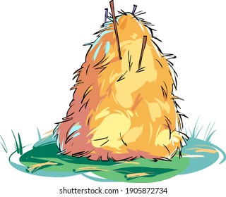 Cartoon haystack on the green grass. Bunch of harvest haystack.