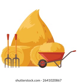 Cartoon haystack with pitchfork isolated vector illustration on white background