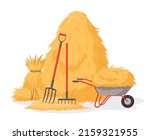 Cartoon haystack and pitchfork, rural stacked fodder straw. Agricultural farm hay heap, dried haycock vector background illustration. Farming haymow