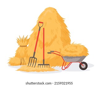 Cartoon haystack and pitchfork, rural stacked fodder straw. Agricultural farm hay heap, dried haycock vector background illustration. Farming haymow