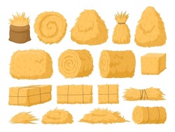 Cartoon Haystack, Rural Hay Rolled Stacks And Agricultural Haycocks. Dried Haystack, Fodder Straw And Farm Haystacks Vector Symbols Illustrations Set. Bale Of Hay Collection