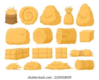 Cartoon haystack, rural hay rolled stacks and agricultural haycocks. Dried haystack, fodder straw and farm haystacks vector symbols illustrations set. Bale of hay collection