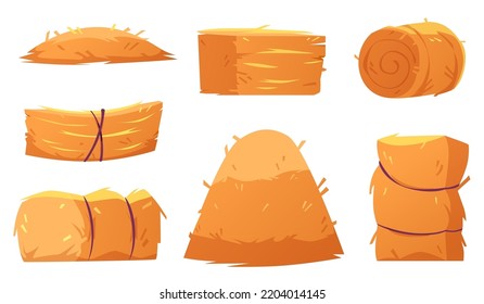 Cartoon haystacks of different shape and size isolated on white background. Bale of dry hay and straw harvested and packed for storage. Animal fodder for livestock farming. Vector illustration set