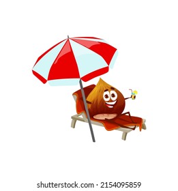 Cartoon hazelnut character on beach lounger. Funny vector nut tanning, relax with cocktail lying on deck chair. Summer vacation at ocean coastline or hotel pool. Kernel personage on summertime