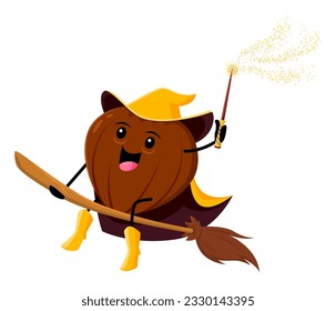 Cartoon hazelnut nut wizard character flying on broom. Isolated vector sorcerer in witch costume riding broomstick. Funny kernel personage in festive attire, magic hex hurry for Halloween party night