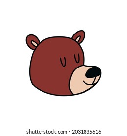 Cartoon head of a brown bear. The face of a kind smiling bear. Vector stock illustration of cute animal isolated on white background.