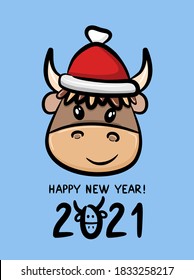 Cartoon head of a bull wearing a santa hat. Winter vector illustration. Template for postcard, poster, print, fabric.