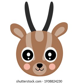 Cartoon head of cheerful baby dorcas gazelle on a white background. African cloven-hoofed animal face for emoji, DIY project, digital stamp. Vector.