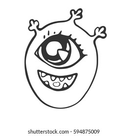 Cartoon head of a cheerful one-eyed monster/Vector illustration for design, stencil, print on t-shirt, bag, notebook, card