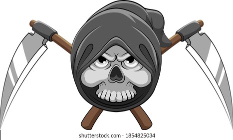 The Cartoon Of The Head Grim Reaper Bones With The Two Scythe Behind His Head 