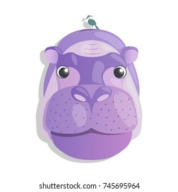 Cartoon head of hippo with small bird