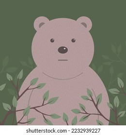 Cartoon head of a kind bear on forest background. Tree foliage. Character for children. Wild animal. Flat vector isolated illustration