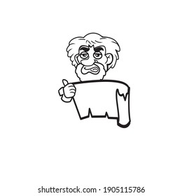 cartoon head old man. grandpa is holding a sign. empty space for copying. vector outline illustration on a white background.