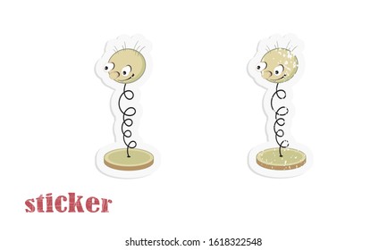 Cartoon head on a spring. Vector illustration in the form of a sticker in modern and retro style.