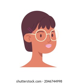 Cartoon head of a young woman. The face of a girl in glasses with short dark hair and bangs. Female avatar illustration vector isolated on white background.