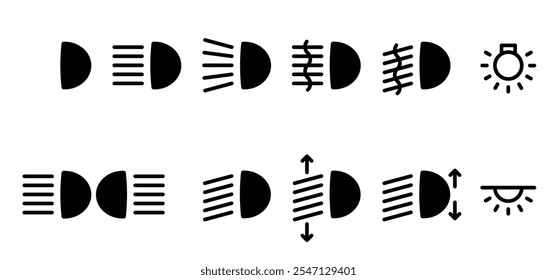 Cartoon farol, ícone de luz do carro. Farol, logotipo do painel do carro. Para faróis de máximos, luzes de nevoeiro da frente ou faróis de médios. Usado para visibilidade durante passeios noturnos ou durante passeios noturnos. Farol para automóvel.