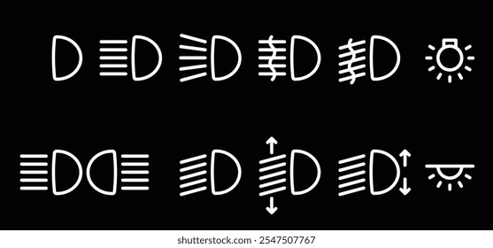 Cartoon farol, ícone de luz do carro. Farol, logotipo do painel do carro. Para faróis de máximos, luzes de nevoeiro da frente ou faróis de médios. Usado para visibilidade durante passeios noturnos ou durante passeios noturnos. Farol para automóvel.