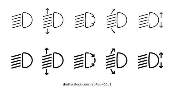 Cartoon farol, ícone de luz do carro. Farol, logotipo do painel do carro. Para faróis de máximos, luzes de nevoeiro da frente ou faróis de médios. Usado para visibilidade durante passeios noturnos ou durante passeios noturnos. Farol para automóvel.