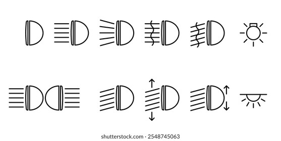 Cartoon farol, ícone de luz do carro. Farol, logotipo do painel do carro. Para faróis de máximos, luzes de nevoeiro da frente ou faróis de médios. Usado para visibilidade durante passeios noturnos ou durante passeios noturnos. Farol para automóvel.