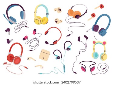 Cartoon headphone. Earphones for smartphone, music record and listening. Electronic devices wireless and wired equipment, decent vector clipart